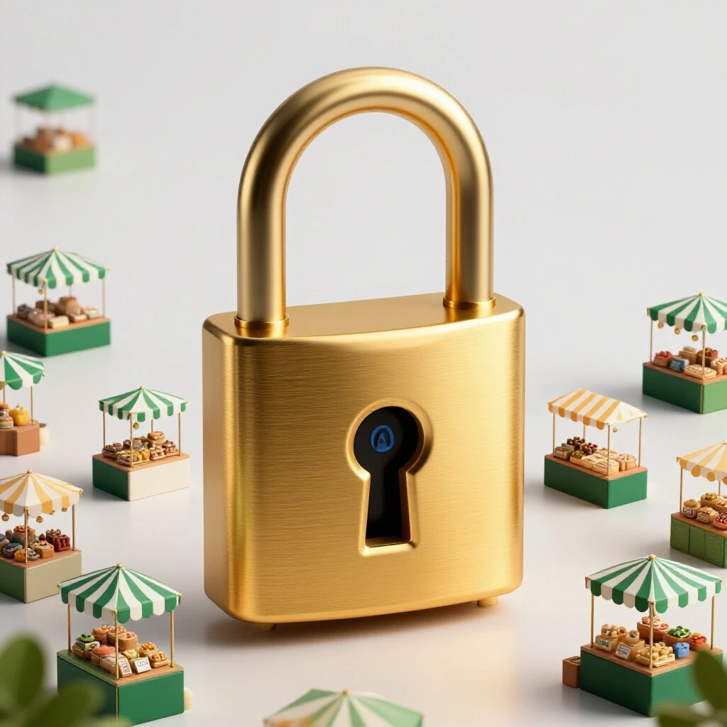 A vibrant market scene filled with small business stalls revealed through an ornate lock, symbolizing opportunity.