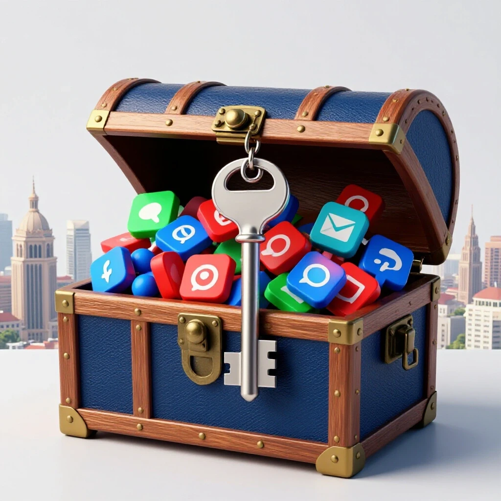 A vibrant treasure chest overflowing with social media icons, unlocked by a shiny key, against the Bangladesh skyline.