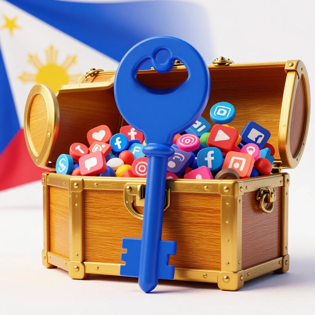 A vibrant key unlocking a treasure chest full of social media icons, against a bright background with elements of the Philippine flag.
