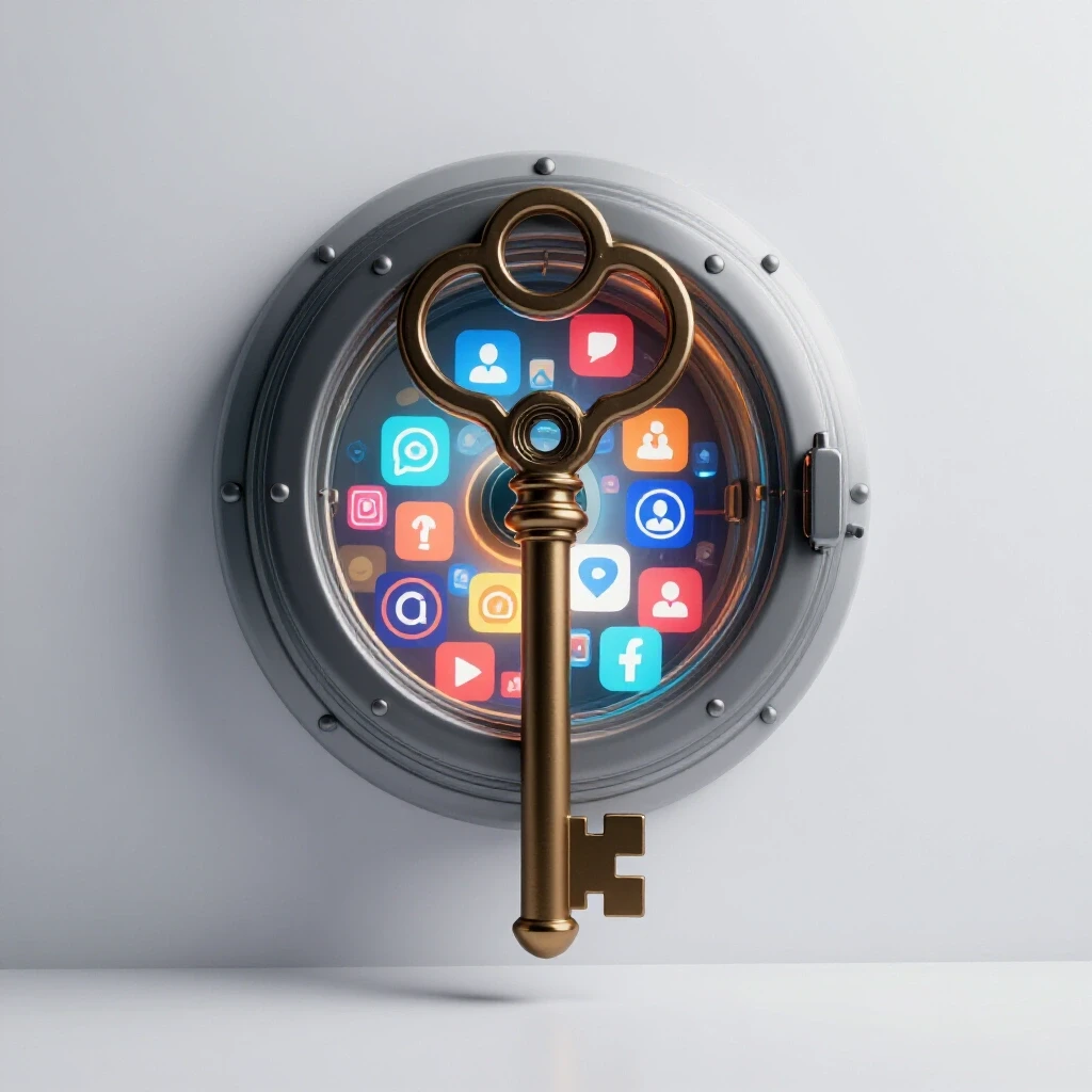 An ornate key unlocking a glowing vault filled with social media icons, symbolizing the secrets of dark ads.