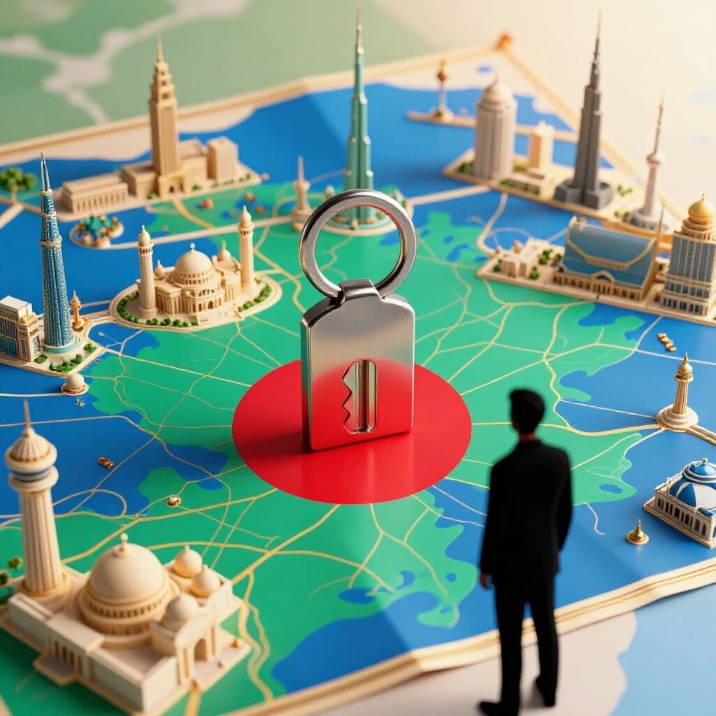 A key unlocking a vibrant map of Dubai with iconic landmarks, symbolizing Facebook Ads opportunities for Bangladeshi marketers.