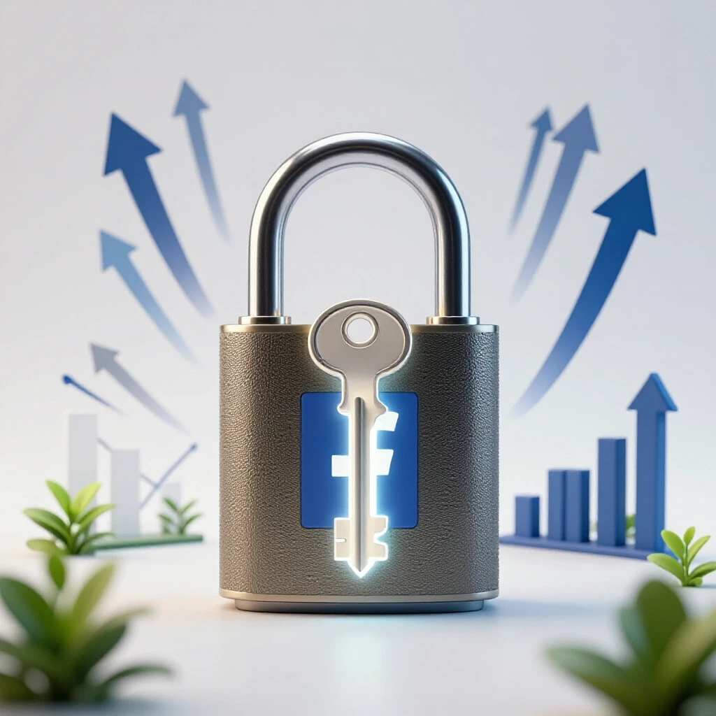 A large ornate padlock unlocking with a glowing key, surrounded by upward arrows and growth symbols.