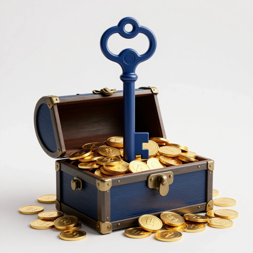 A bright 3D-rendered image of an ornate key above a treasure chest filled with gold coins and a subtle Facebook logo.