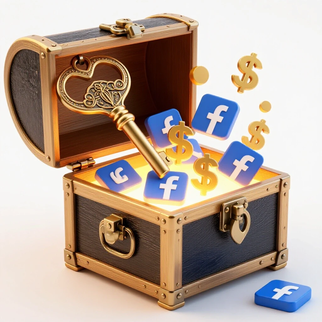 An ornate key unlocking a glowing chest filled with colorful Facebook logos and dollar signs in a bright setting.