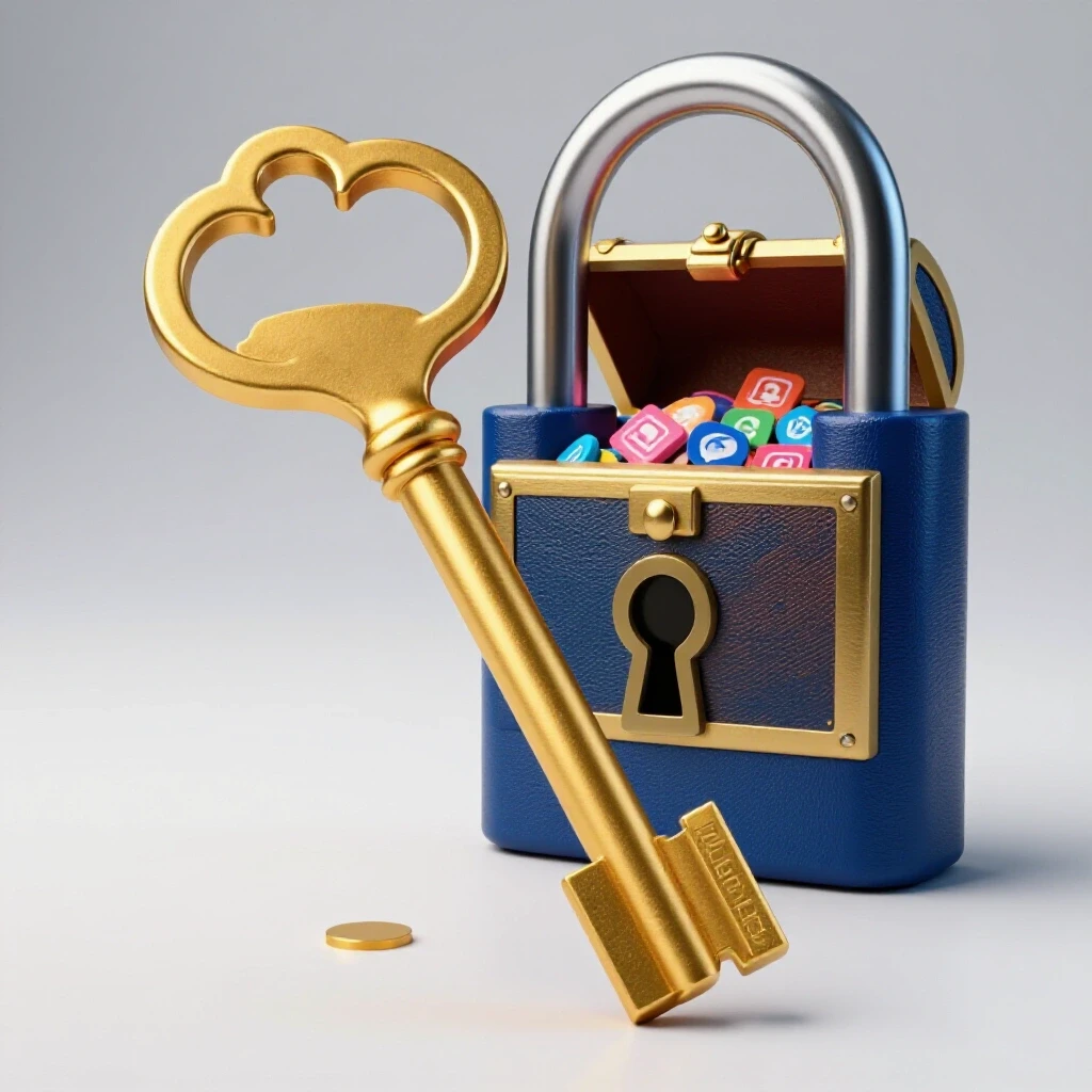 A golden ornate key in the foreground symbolizes unlocking potential, with a vibrant padlock and treasure chest of social media icons in the background.
