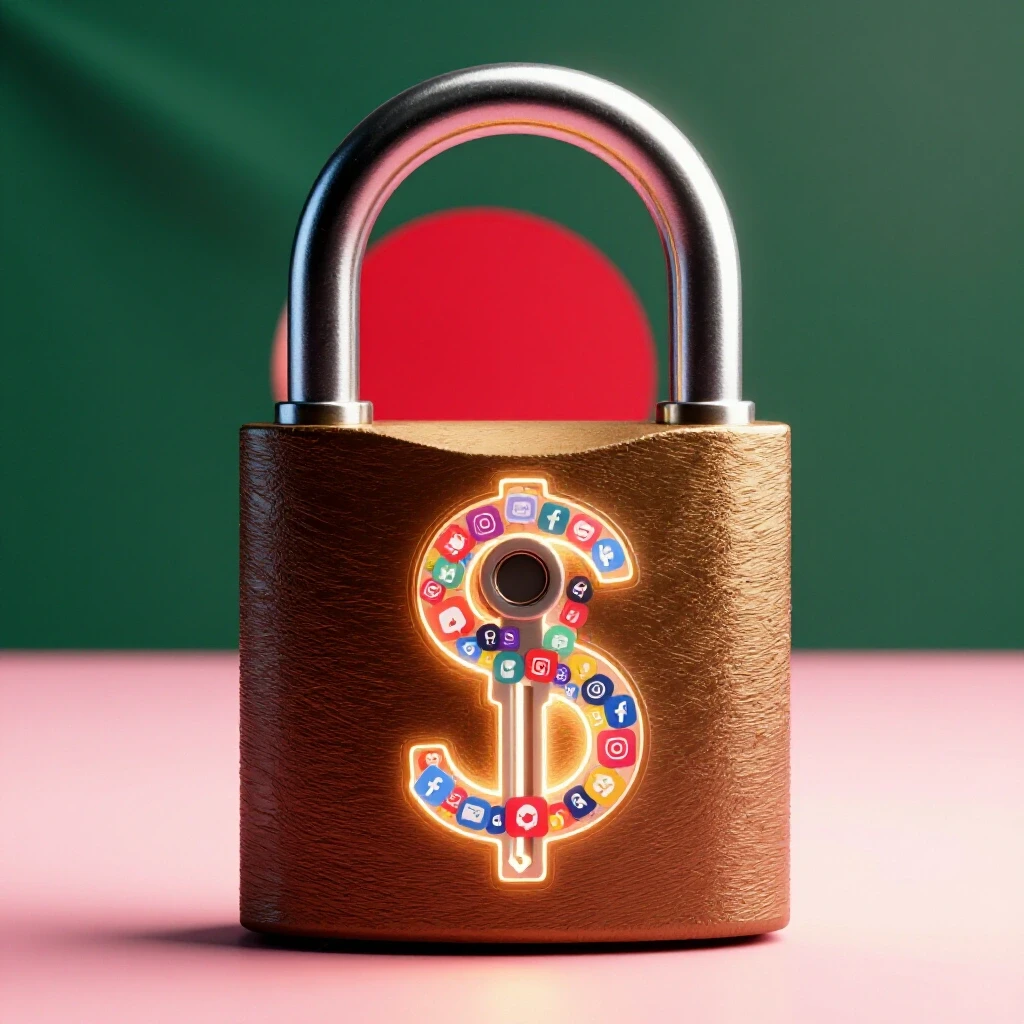 An ornate dollar sign padlock being unlocked by a glowing key made of colorful social media icons, set against the Bangladeshi flag.