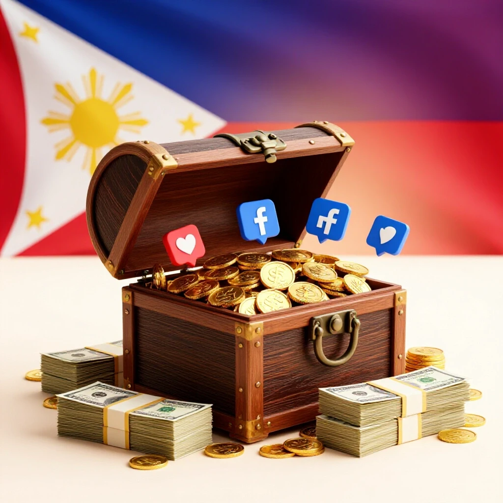 A treasure chest overflowing with gold coins and cash against the Philippine flag, symbolizing wealth from Facebook advertising.