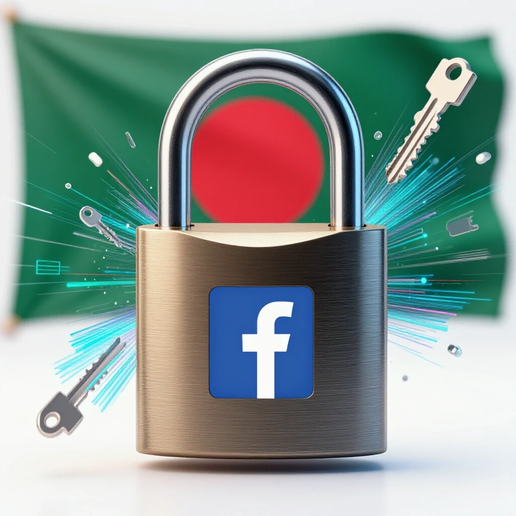 A vivid 3D-rendered image of a Facebook logo padlock against the Bangladesh flag, symbolizing ad delivery potential.