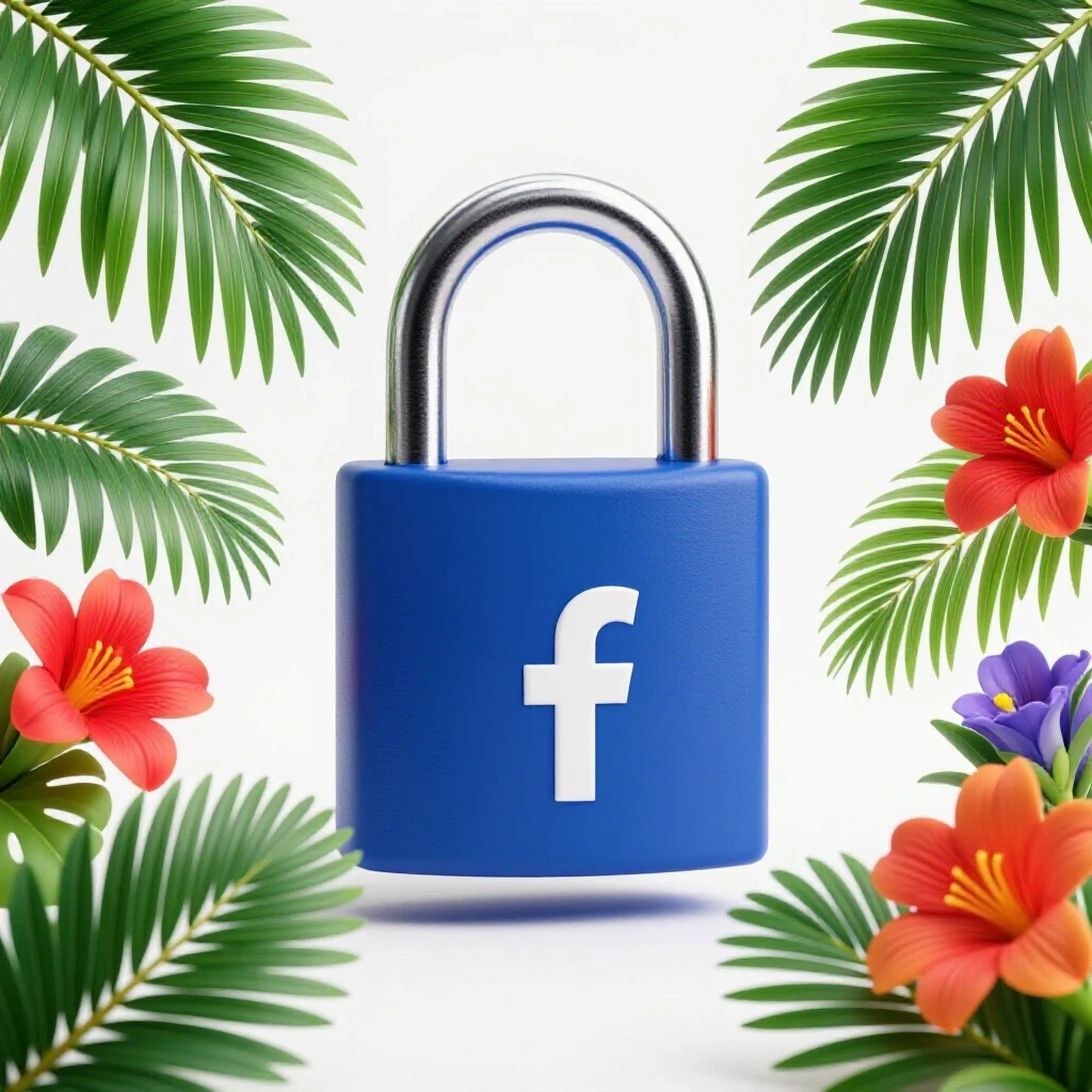 An open padlock with the Facebook logo, surrounded by tropical palm leaves and bright flowers, symbolizing social media growth in the Philippines.