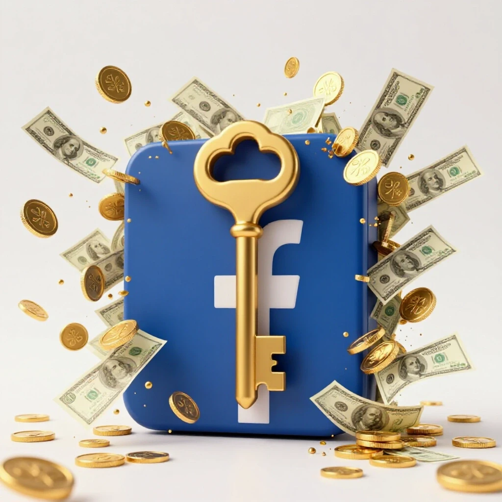 A golden key unlocking a giant Facebook logo, with vibrant coins and dollar bills bursting outward.