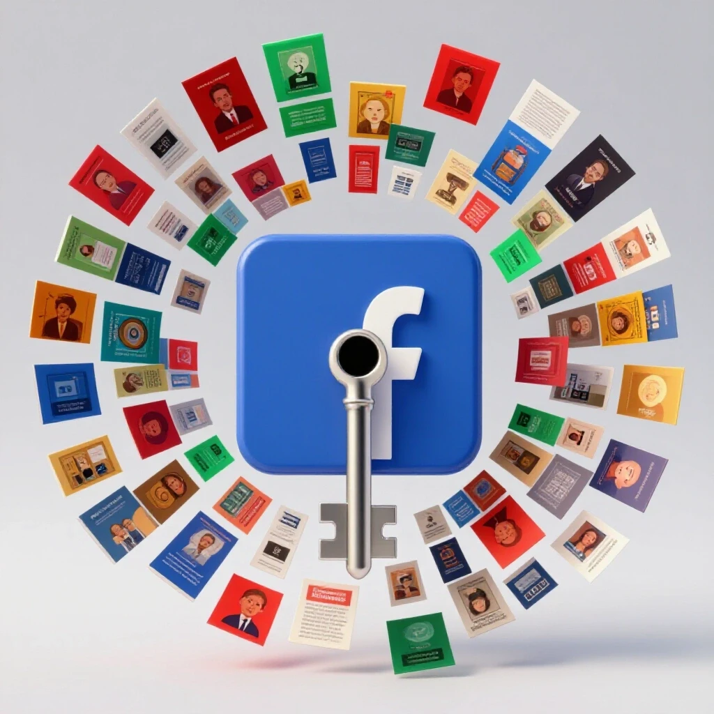 A large key unlocking a colorful Facebook logo, surrounded by vibrant ad thumbnails, set against a clean light background.