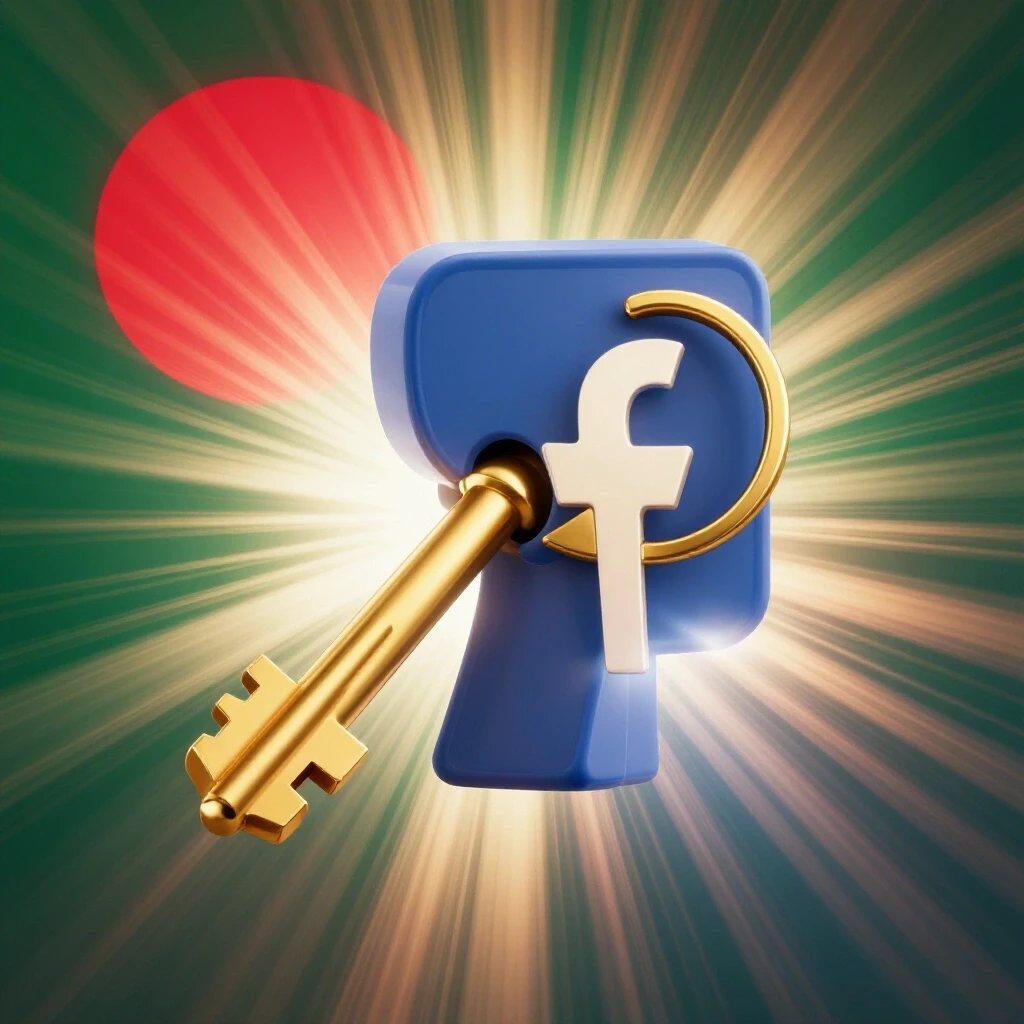 A golden key unlocking a Facebook logo with dynamic light rays, set against the Bangladesh flag backdrop.