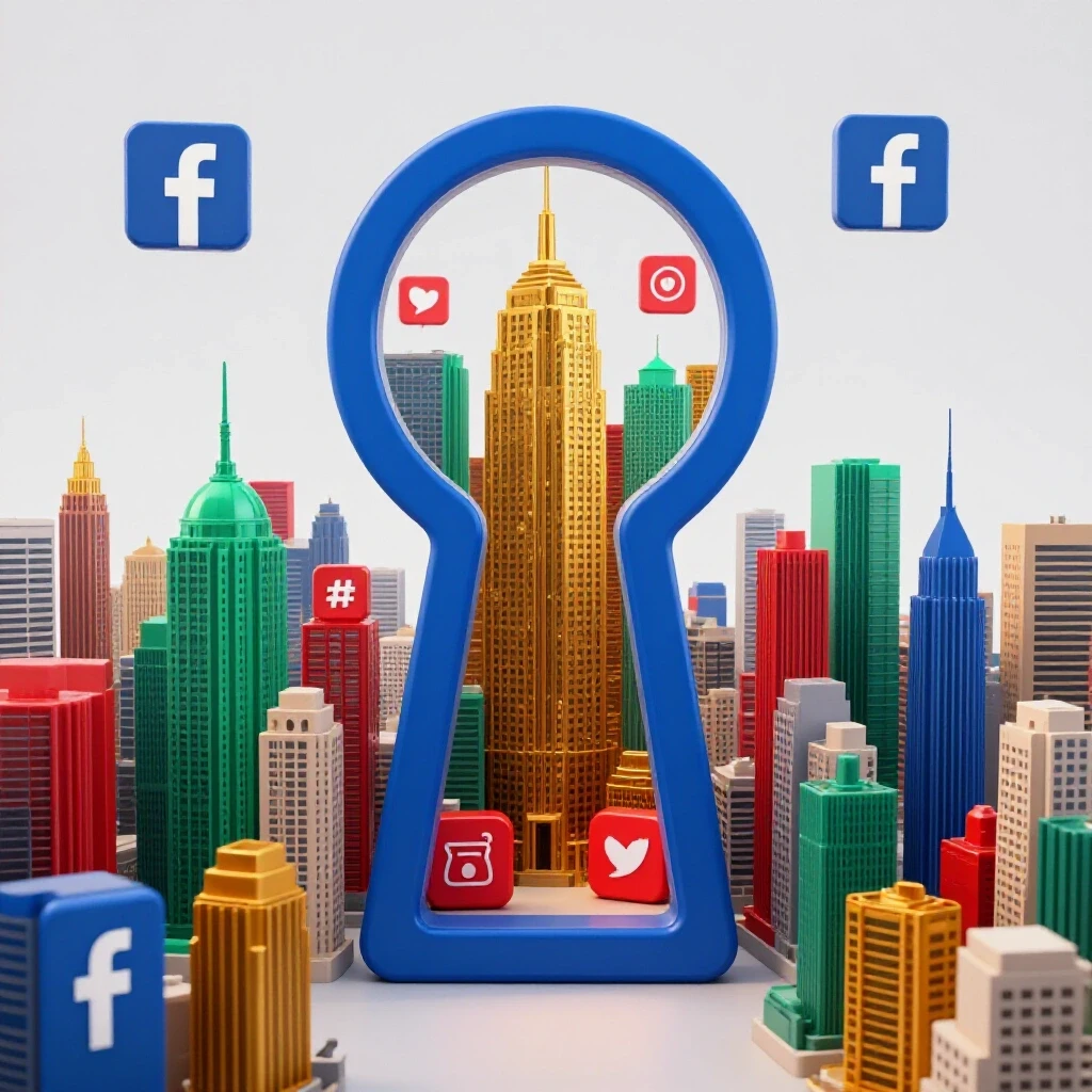 An open keyhole revealing a bustling city skyline with social media icons, symbolizing opportunities in Facebook ads jobs in the Philippines.