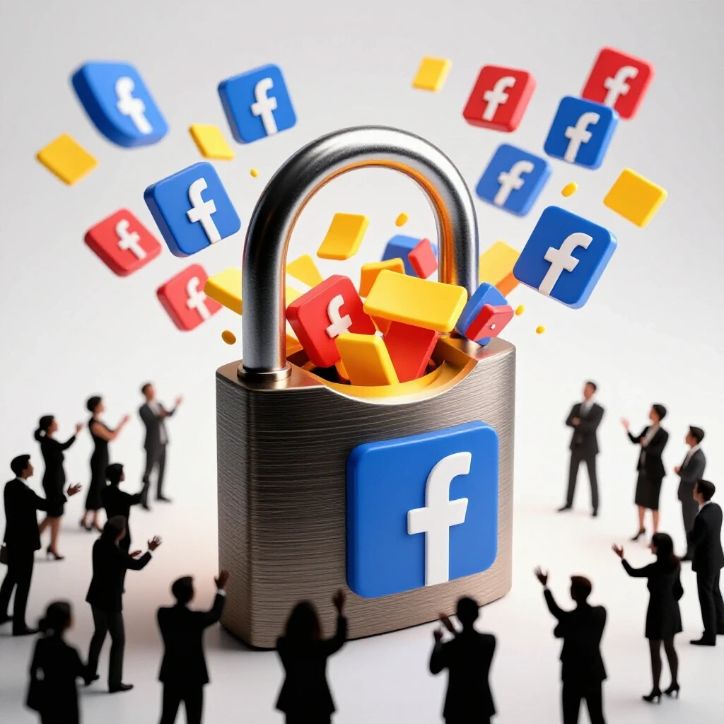A large ornate lock being opened with vibrant Facebook colors spilling out, surrounded by silhouettes of business professionals reaching towards it.