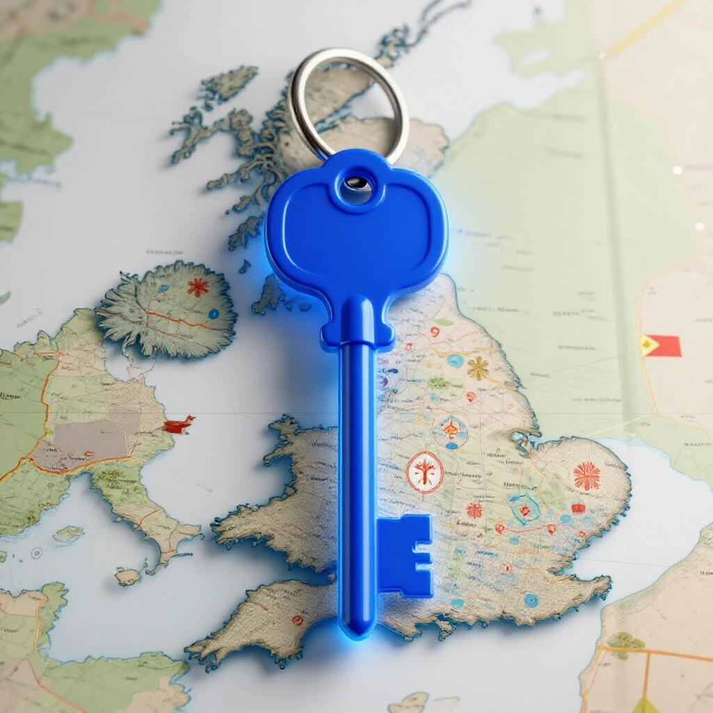A glowing key unlocking a map of the UK, featuring subtle Filipino cultural symbols in a vibrant visual composition.