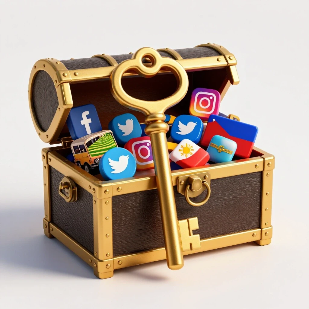 A golden key unlocking a chest filled with social media icons and Philippine symbols against a bright background.