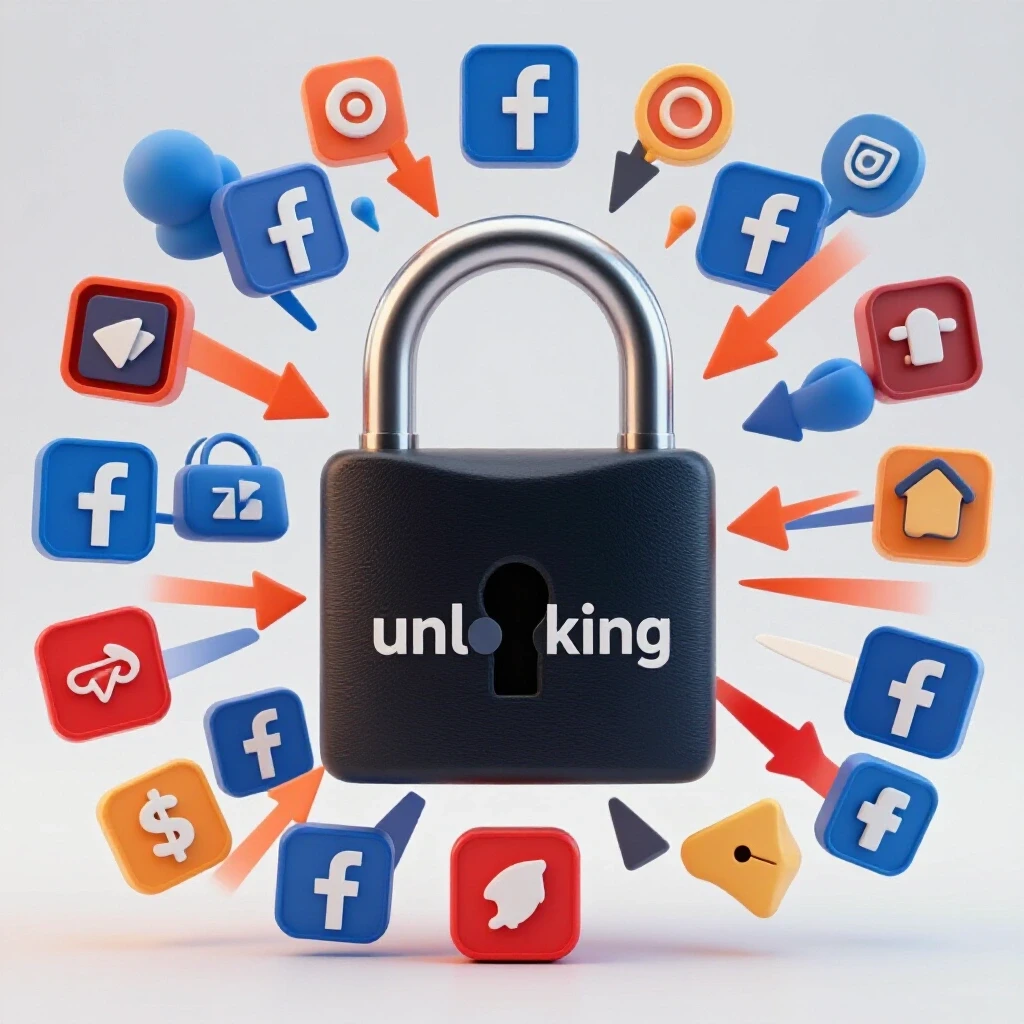 A 3D-rendered illustration featuring an open padlock, Facebook, and Zapier icons with dynamic growth arrows, set on a light grey background.