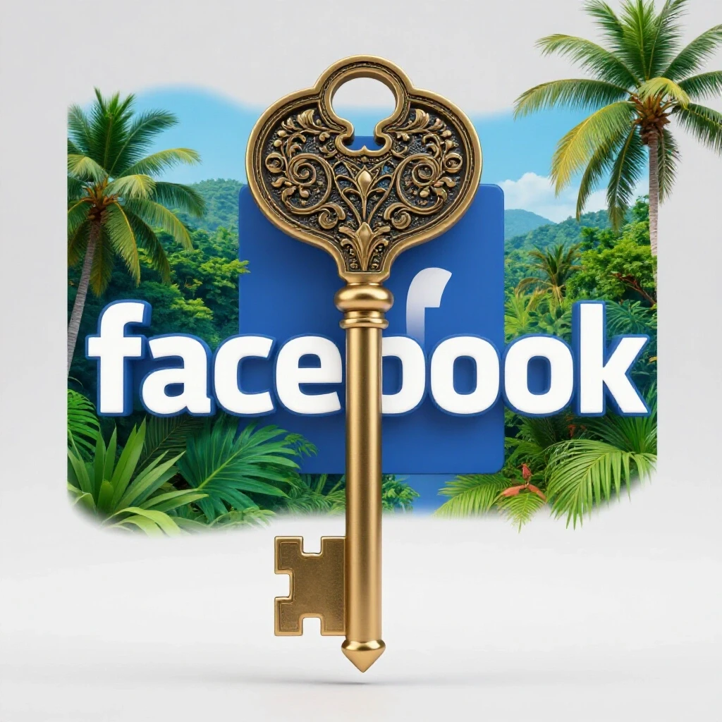 An ornate key symbolizing mastery in Facebook advertising, set against the Facebook logo and vibrant Bangladeshi landscape.