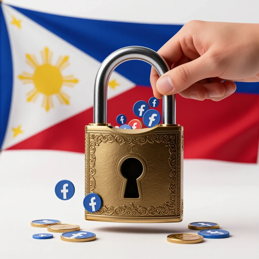 A large ornate padlock opening, spilling colorful Facebook logos, set against the Philippine flag backdrop.