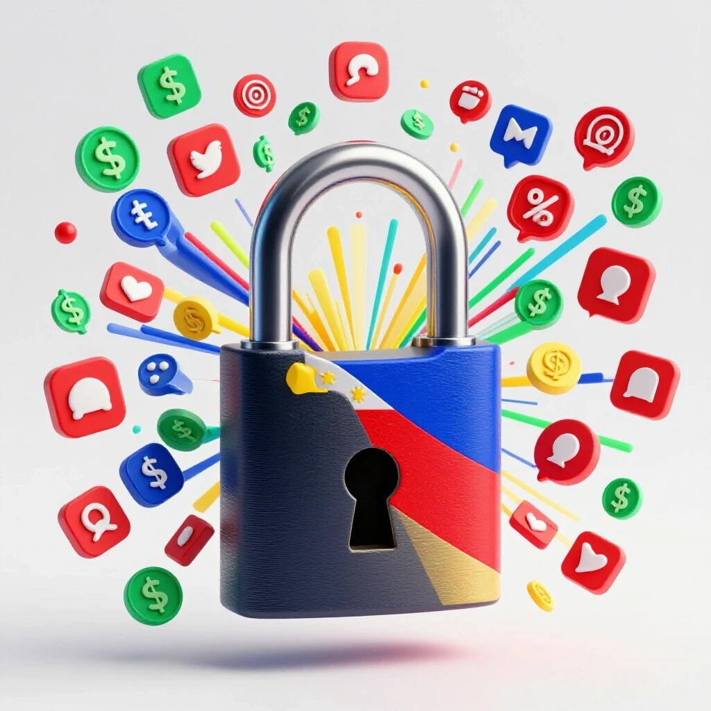 An ornate lock being opened with vibrant Philippine colors and social media icons bursting from within.