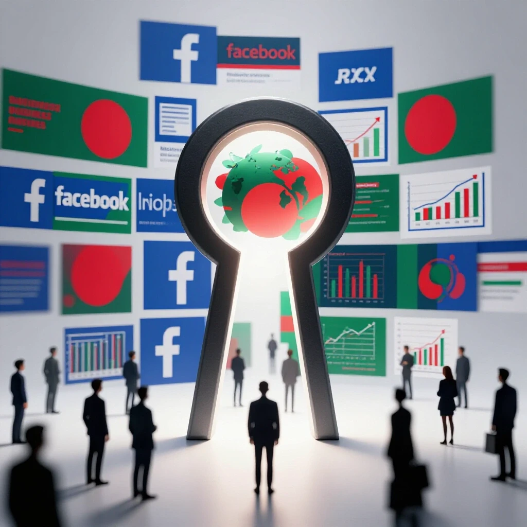 A mysterious keyhole framed by vibrant images of Facebook ads and charts, with silhouettes of small business owners from Bangladesh.