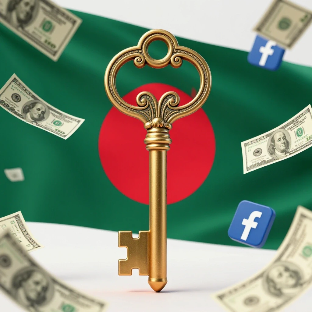 A vibrant, 3D-rendered ornate key in front of the Bangladesh flag, with floating dollar bills and Facebook icons, symbolizing unlocking secrets.