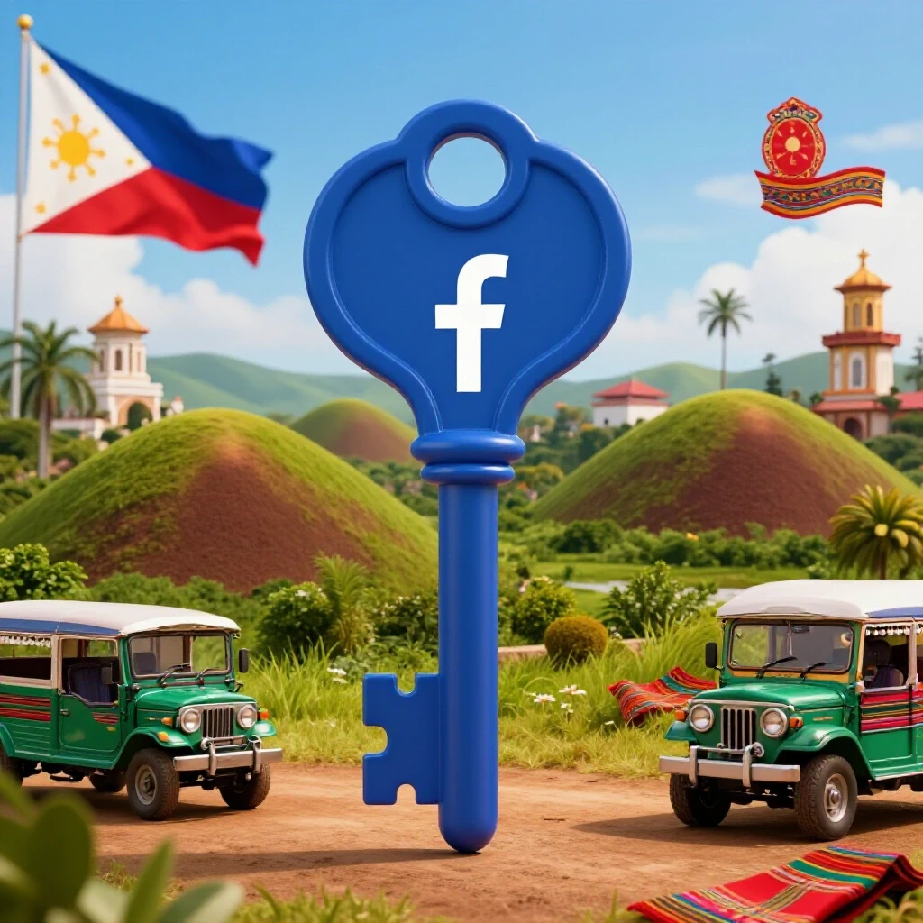 A giant ornate key with the Facebook logo against a colorful backdrop of Philippine landmarks and cultural symbols, symbolizing marketing success.