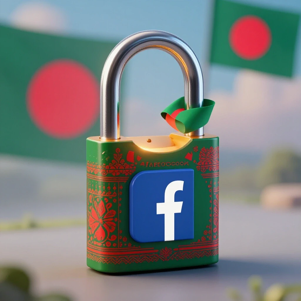 A vibrant padlock opening with the Facebook logo emerging, surrounded by Bangladesh's national motifs.