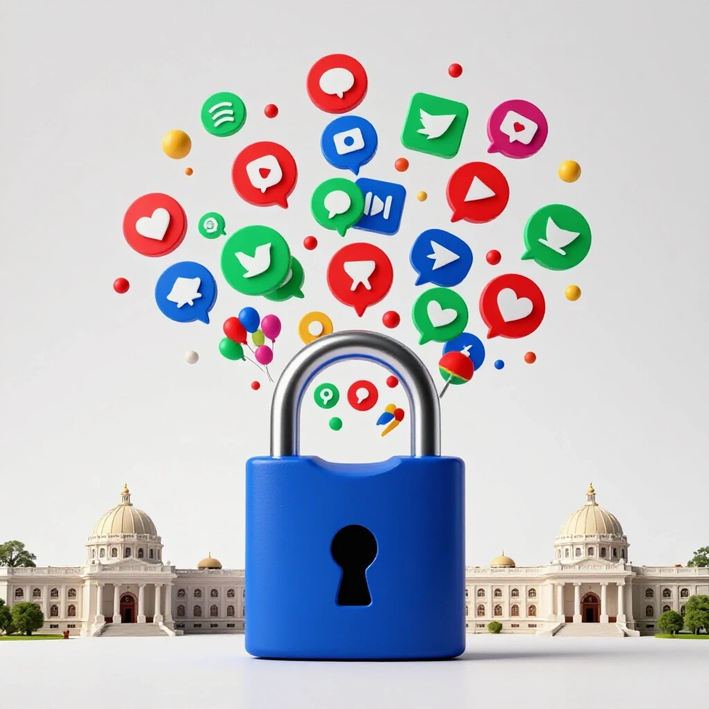 An artistic depiction of a padlock being opened with vibrant social media icons spilling out, set against famous Bangladeshi landmarks.