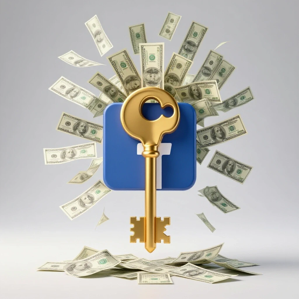A golden key unlocking a large Facebook logo, with dollar bills flowing out, symbolizing success in Facebook Ads.