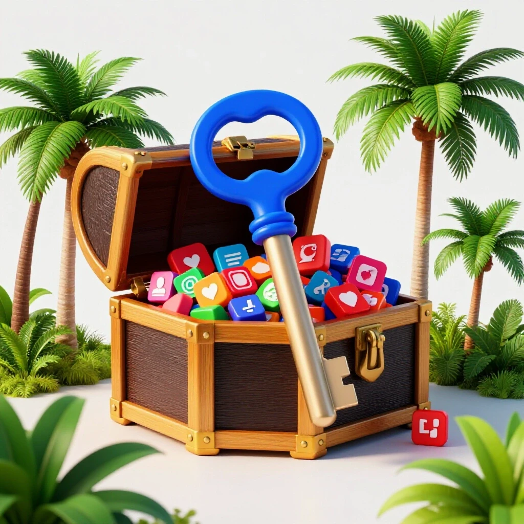 A vibrant tropical landscape in the Philippines with a giant key unlocking a treasure chest filled with social media icons, symbolizing Facebook Ads success.