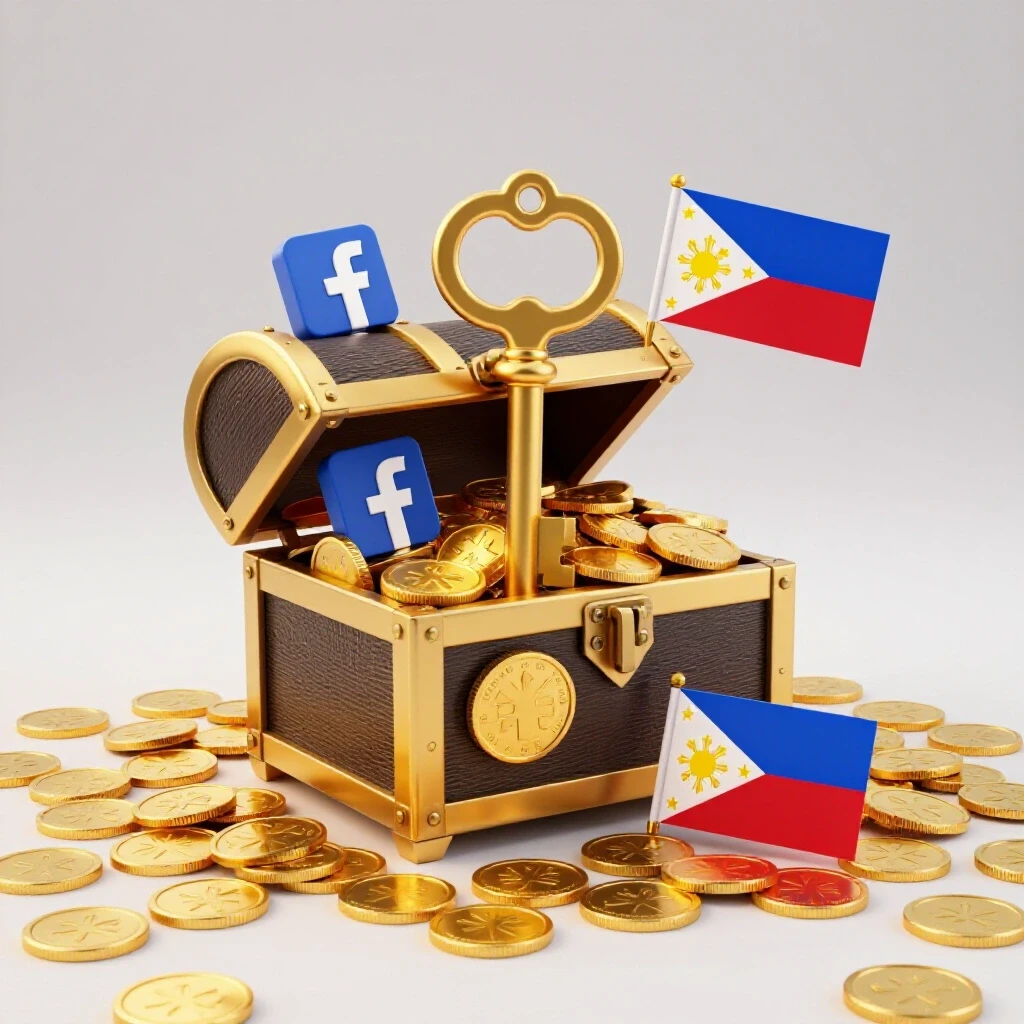 Ornate golden key unlocking treasure chest filled with gold coins, surrounded by Facebook and Philippine flag symbols.