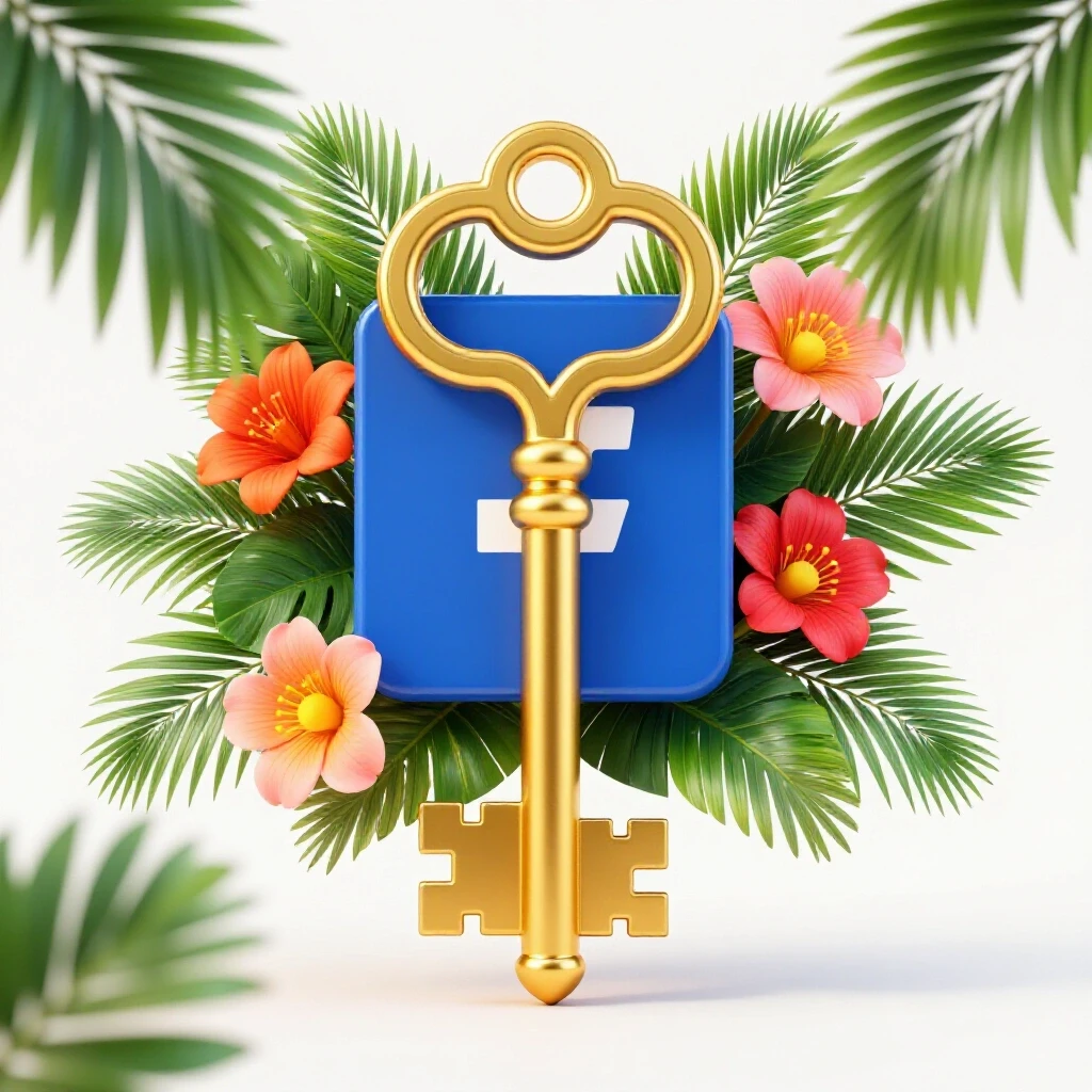 A golden key unlocking a blue Facebook logo, surrounded by tropical palm leaves and colorful flowers, symbolizing potential in Facebook advertising.