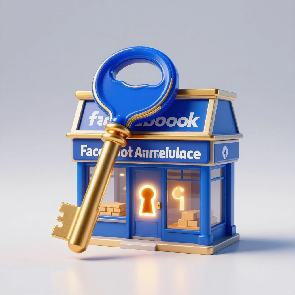 A vibrant 3D key unlocking a stylized Facebook Marketplace storefront, symbolizing discovery and opportunity.