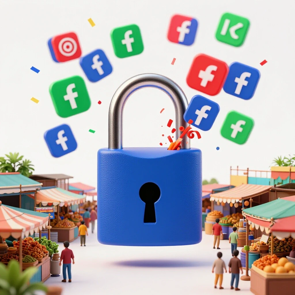 A vibrant 3D-rendered image of a colorful lock opening, with Facebook Reels icons exploding as confetti, set against a bright backdrop.