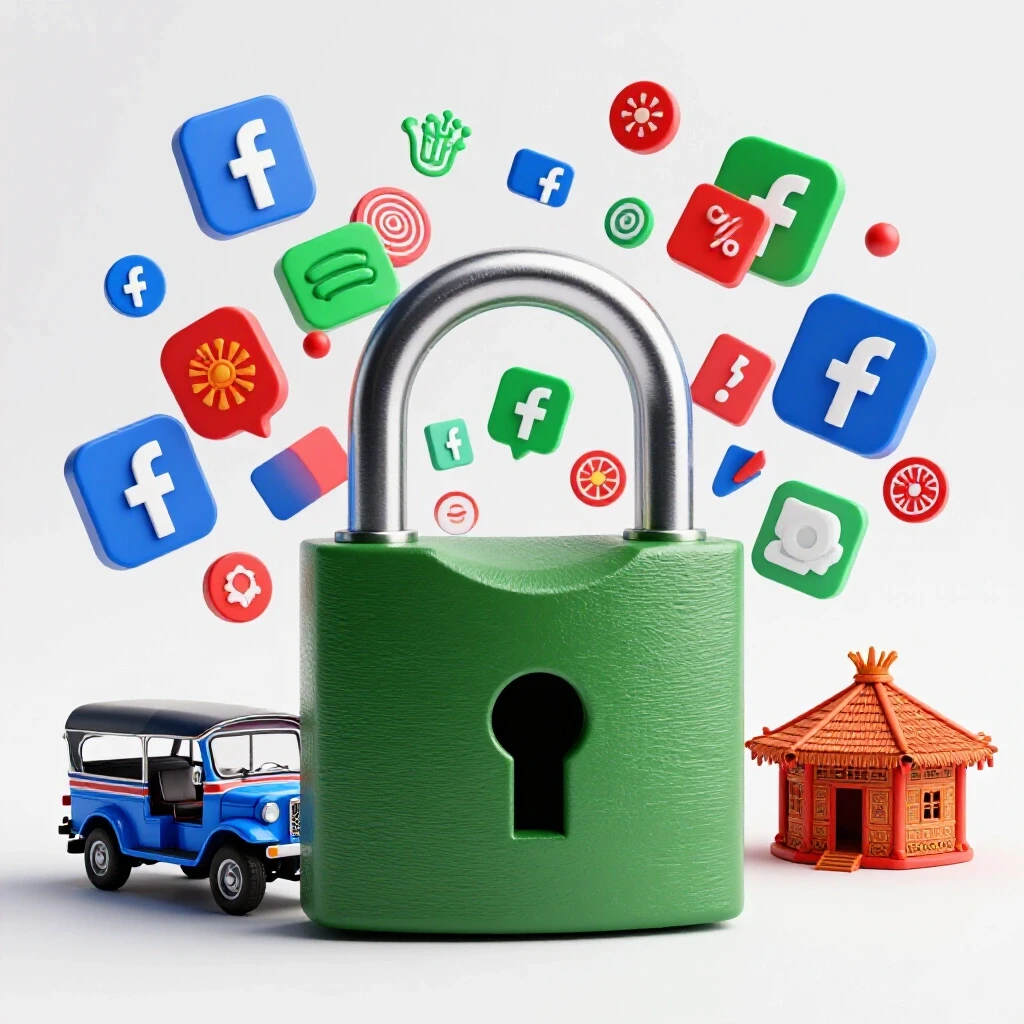 A vibrant oversized padlock being unlocked with Facebook Reels icons and Filipino cultural symbols bursting out.
