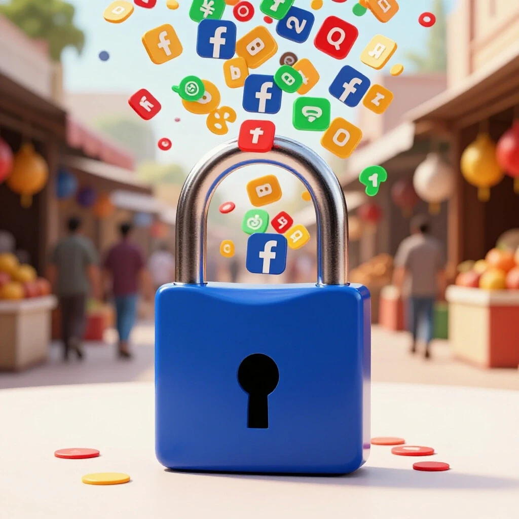 A vibrant open padlock surrounded by colorful Facebook Reels icons in a lively Bangladeshi market backdrop.