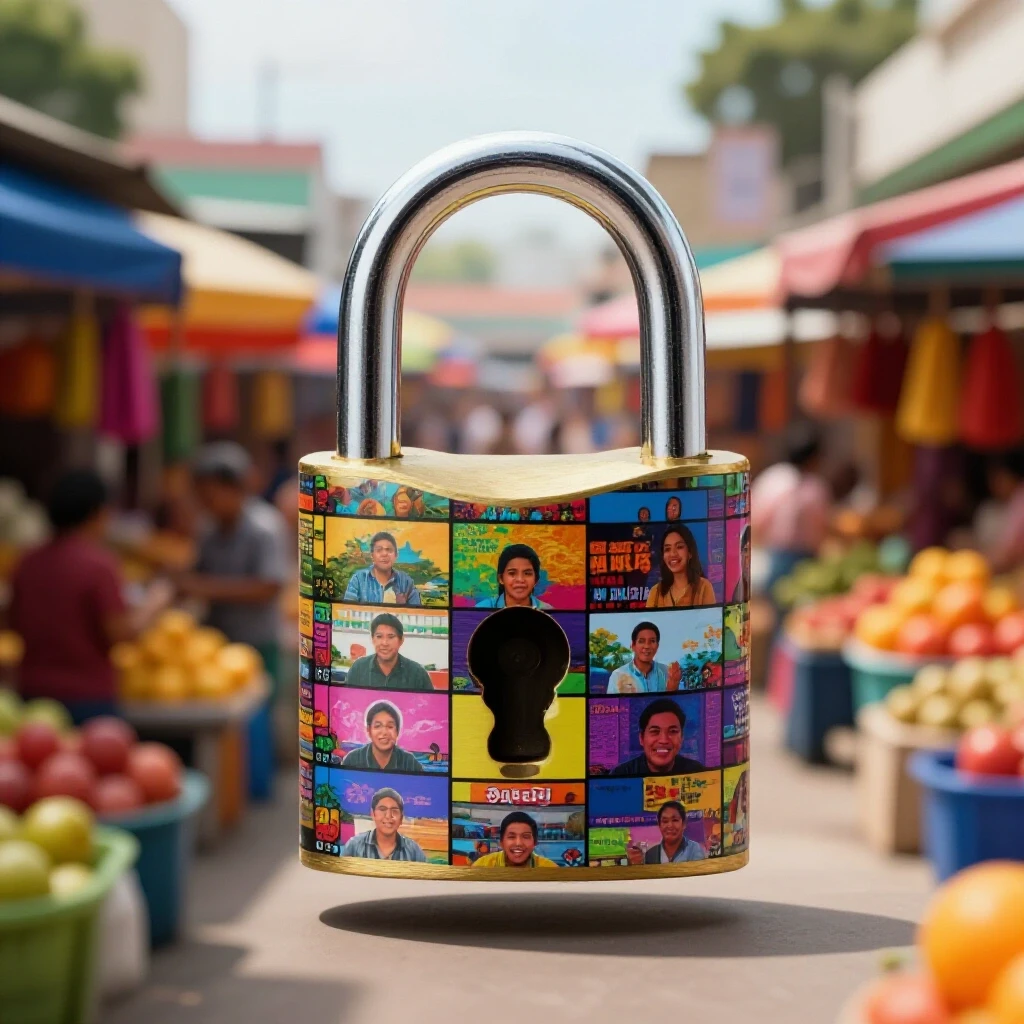 A vibrant padlock bursts with colorful video clips in a lively Filipino market setting, symbolizing video ad potential.