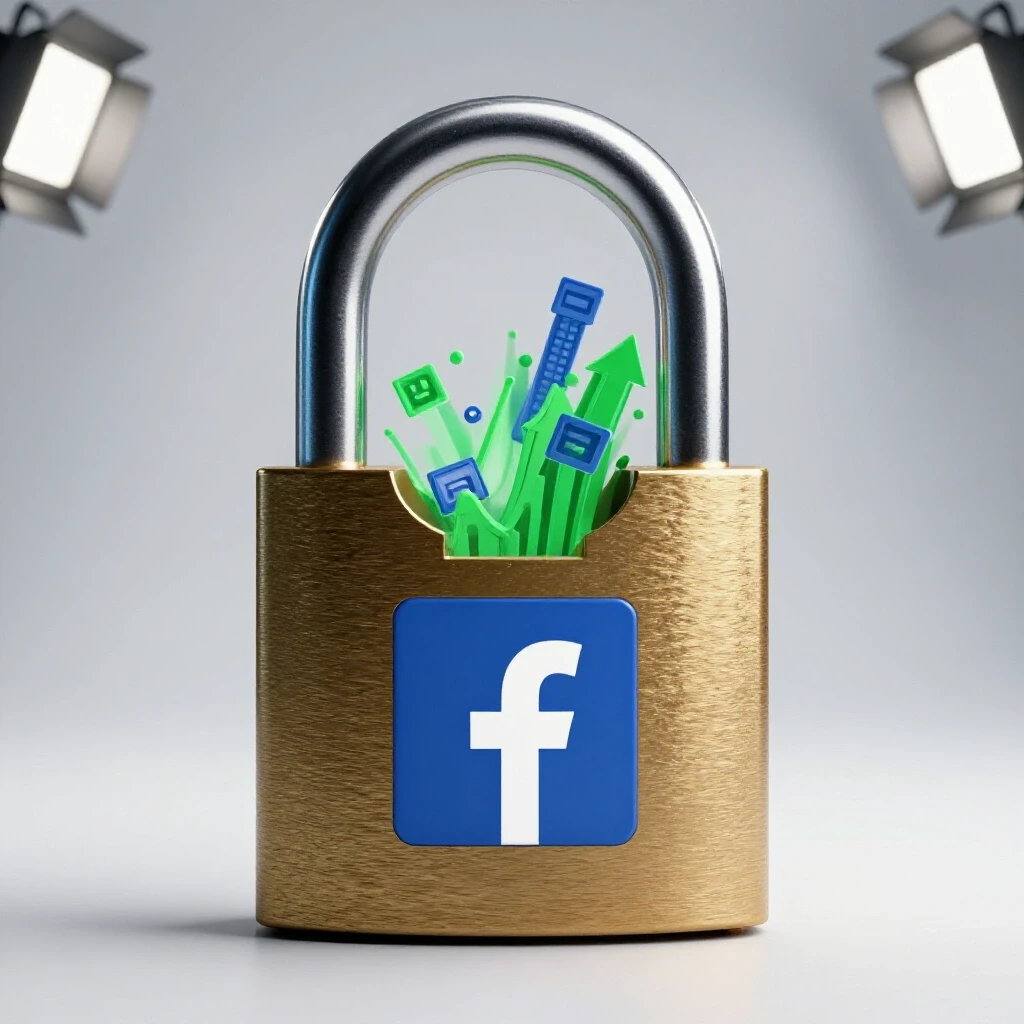 A vibrant 3D image of an ornate padlock opening, revealing colorful video clips and growth charts representing Facebook ads.