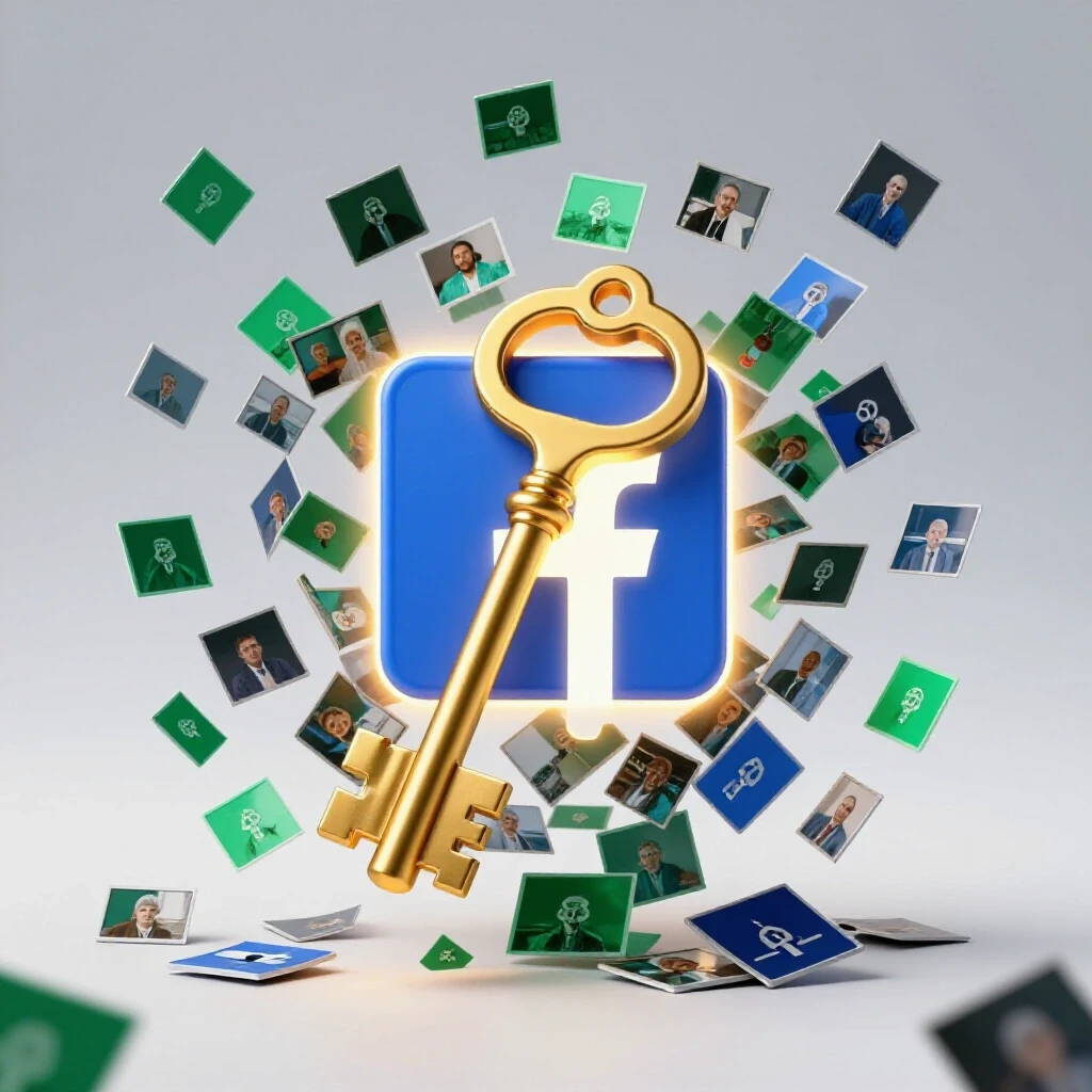 An ornate gold key unlocking a glowing Facebook logo with colorful video thumbnails spilling out, set against a bright background.