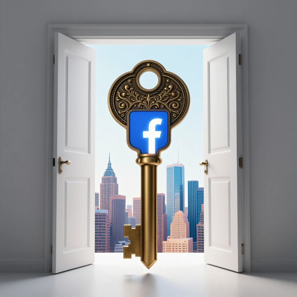 An ornate key with a glowing Facebook logo in front of an open door to a vibrant city skyline.