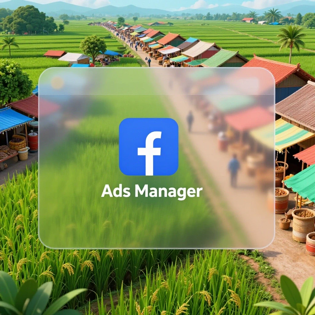A vibrant Filipino landscape features rice fields and a market paired with the Facebook Ads Manager interface, symbolizing digital growth.