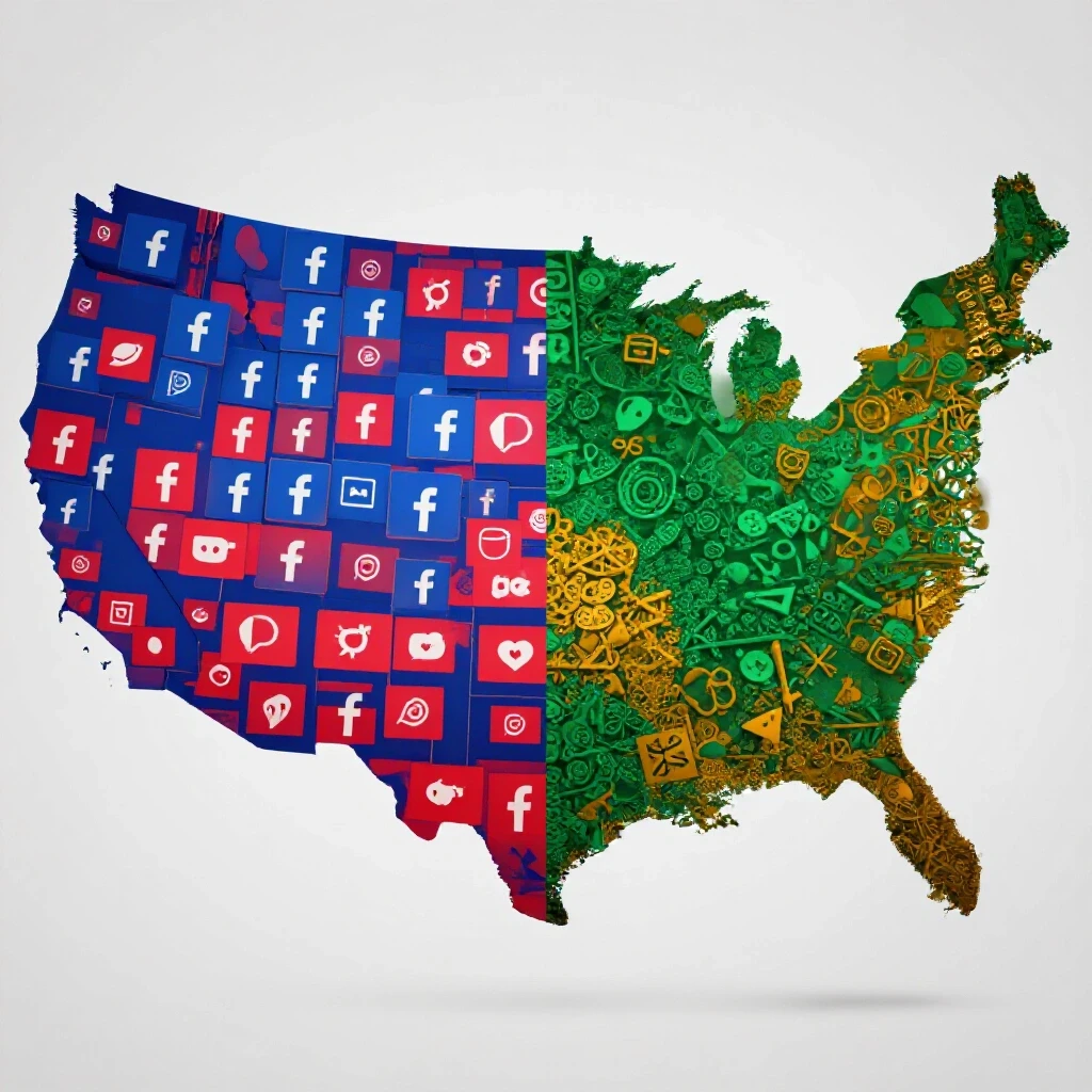 A split-image composition showcasing the USA map filled with Facebook ad icons and Bangladesh silhouette surrounded by job symbols.