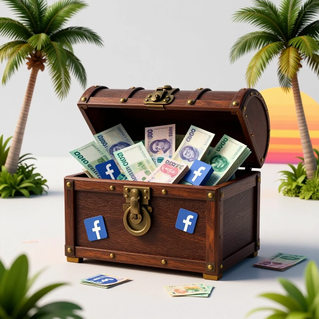 A bright image of a treasure chest filled with Philippine currency and Facebook logos against a tropical sunset.