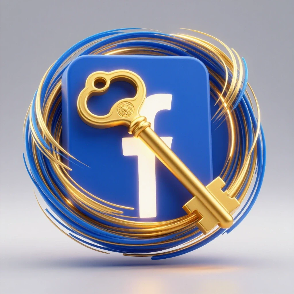 A large golden ornate key unlocking a glowing Facebook logo, symbolizing potential success in social media marketing.