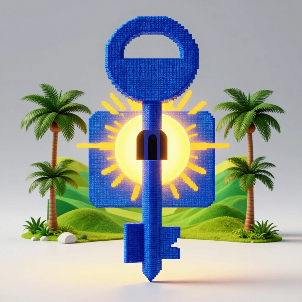 A digital key unlocking a glowing Facebook logo amidst a bright Philippine landscape, symbolizing growth.
