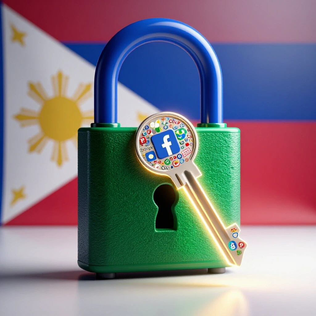 A large lock opening with a glowing key made of Facebook and Google icons, set against the Philippine flag.