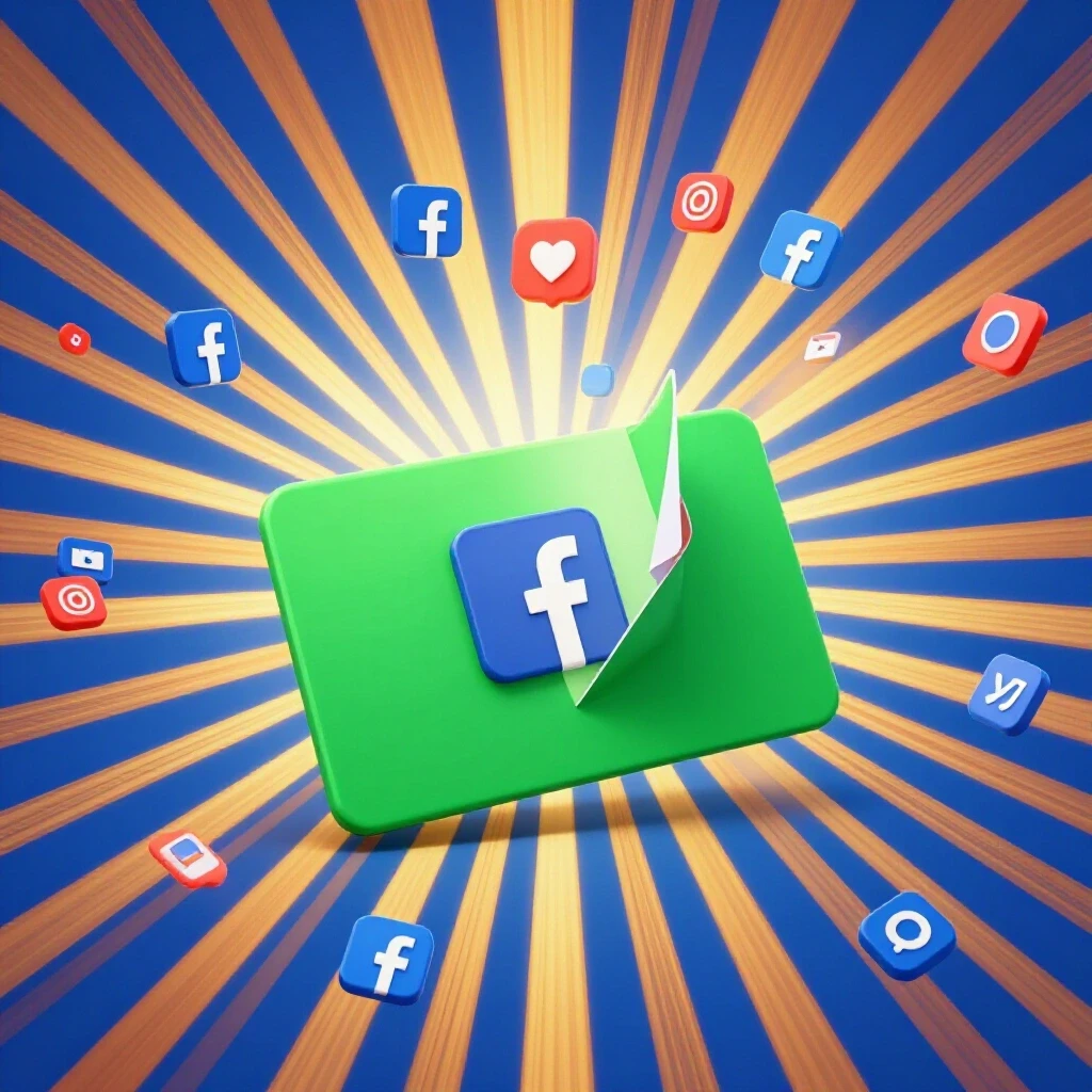 An oversized partially open gift card radiating light beams transforming into social media icons, on a vibrant background.