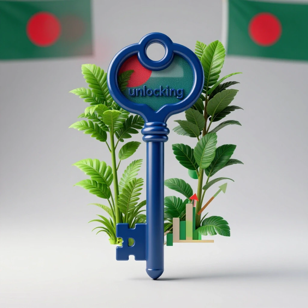 An ornate key symbolizing unlocking potential, surrounded by vibrant growth elements in a bright studio setting.