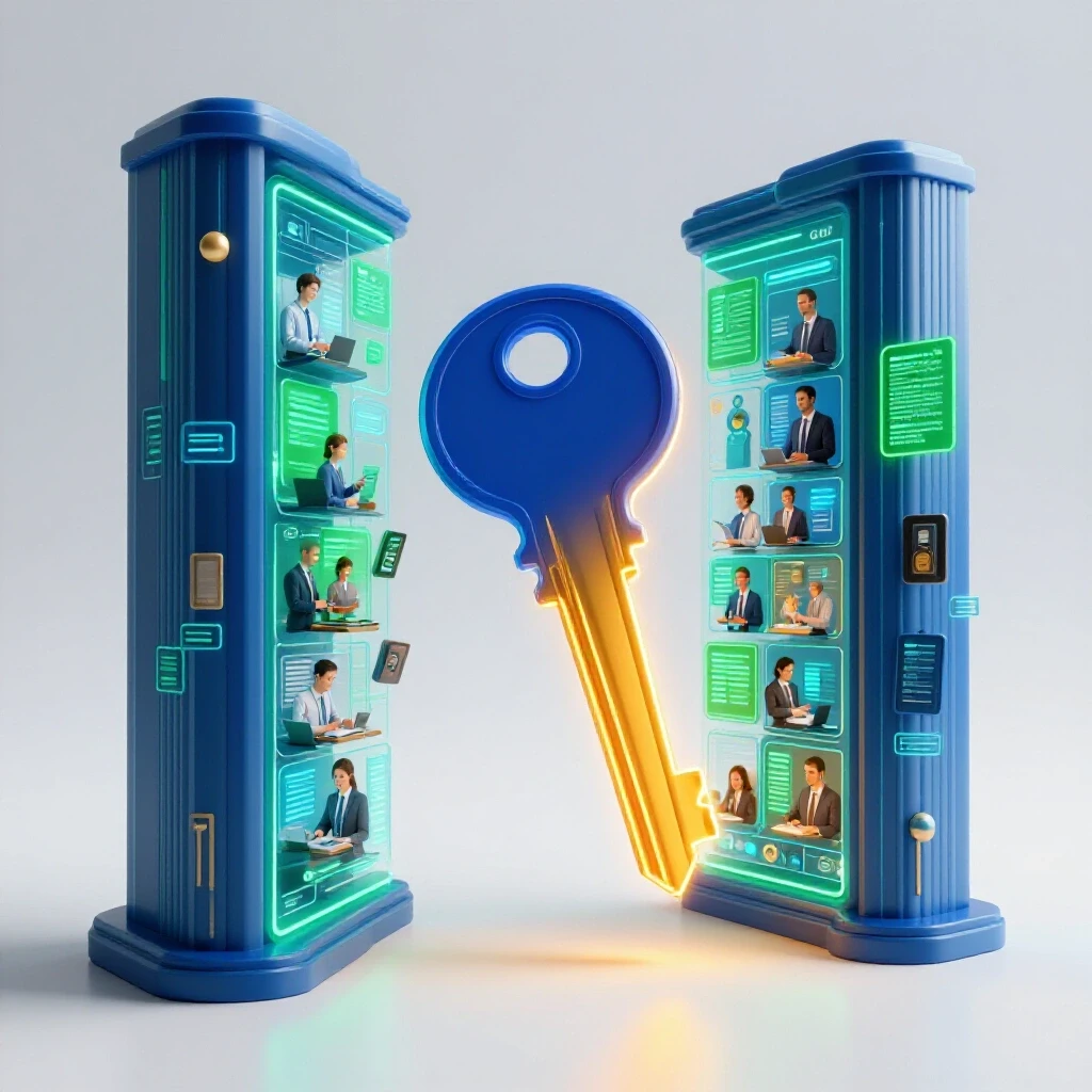 A glowing key unlocking a vibrant digital portal with business visuals, symbolizing opportunities in advertising.